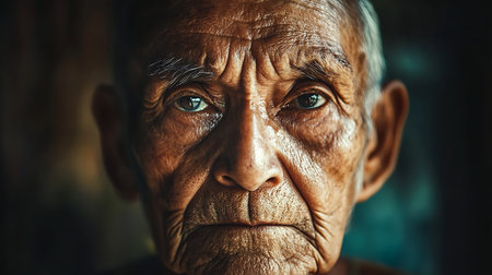 An elderly man's piercing gaze tells a story of wisdom and resilience in an intimate community space.の素材