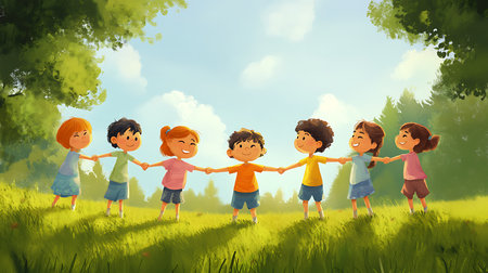 A group of kids holds hands and laughs in a sunlit park celebrating friendship and joy.の素材