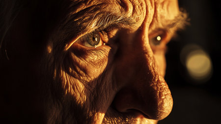 A close-up view capturing the deep emotions and wisdom of an elderly person.の素材