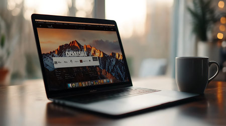 A cozy home office setup featuring a laptop and coffee highlighting productivity and comfort.の素材