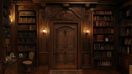 An inviting library entrance showcases vintage decor rich wood tones and a cozy reading environment.の素材