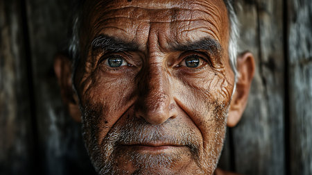 A thoughtful elderly man reflects on life experiences in a rustic village setting.の素材
