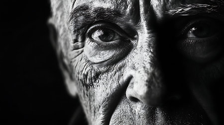 A compelling close-up of an elderly man's face capturing deep emotions and life experiences through dramatic black and white.の素材