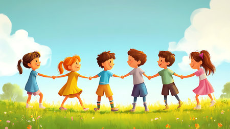 A group of children joyfully holding hands in a sunny field symbolizing friendship and unity.の素材