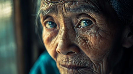 A close-up of an elderly woman's expressive eyes capturing her life story and resilience.の素材