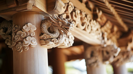 Explore the beauty of a wooden dragon carving in traditional architecture reflecting rich cultural heritage.の素材