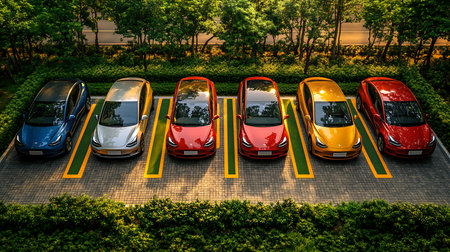 A vibrant display of electric vehicles parked in a lush urban environment.の素材
