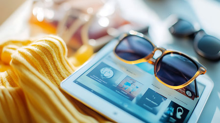 Enjoy a sunny day with a tablet and sunglasses perfect for relaxation.の素材