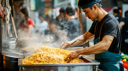 A skilled chef expertly cooks noodles in a vibrant street market showcasing culinary artistry and local culture.の素材