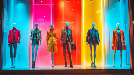 A vibrant window display featuring stylish mannequins in a lively urban boutique.の素材
