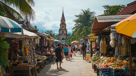 A bustling market filled with local vendors fresh produce and a historic church backdrop.の素材