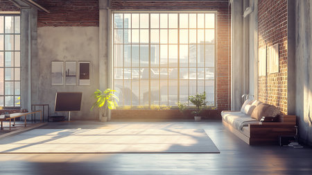 A serene urban apartment showcasing a modern interior design flooded with natural light.の素材