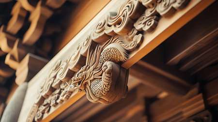Explore the beauty of a wooden dragon carving showcasing traditional craftsmanship in architecture.の素材