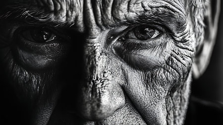 An intricate close-up portrait capturing the deep emotions and stories in an elderly man's eyes.の素材