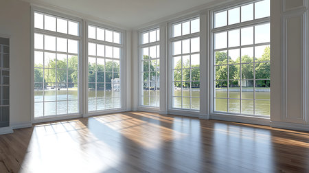 A beautiful waterfront living room showcasing modern design with large windows and natural light.の素材