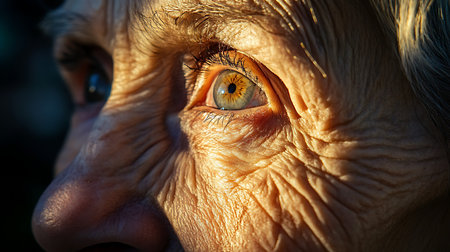 An intricate close-up of an elderly eye reflecting wisdom and life's journey.の素材
