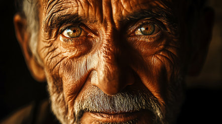 An elderly man's expressive eyes reveal a lifetime of stories and emotions in this striking close-up portrait.の素材