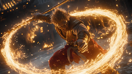 A fierce warrior unleashes fiery powers in an epic battle against dark forces.の素材