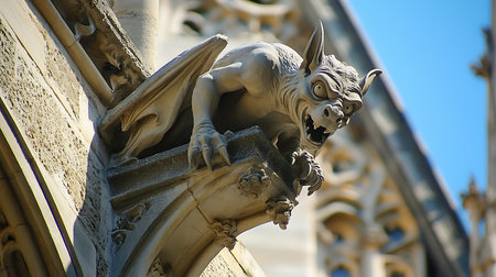 A fierce gargoyle statue gazes down from a cathedral capturing the essence of gothic architecture.の素材