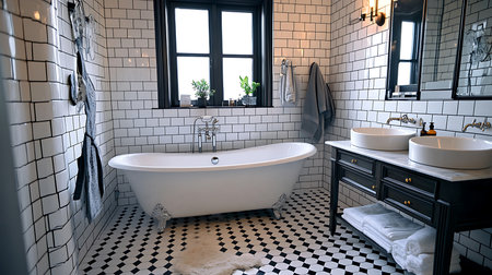 Explore a stylish and serene bathroom design with chic fixtures and a clean layout.の素材