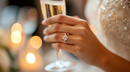 A bride elegantly toasts with champagne capturing a joyful moment during her wedding reception.の素材