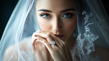 A stunning close-up of a bride showcasing her beauty and elegance in a romantic indoor setting.の素材