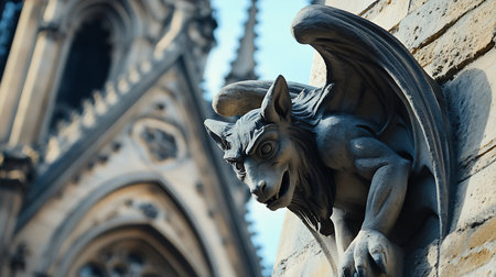The fierce gargoyle watches over Paris embodying the drama of Gothic architecture.の素材