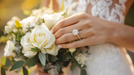 A beautiful close-up of a bride's hand holding an engagement ring and bouquet of white roses.の素材