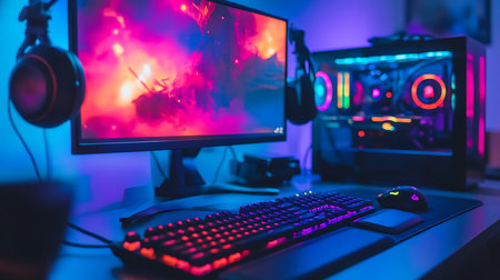 Explore a vibrant gaming setup showcasing cutting-edge technology in a modern home office.の素材