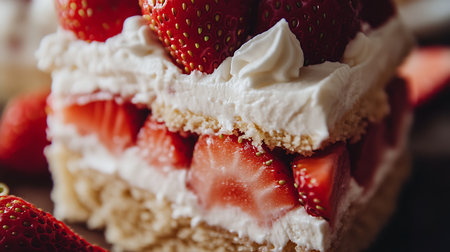 A mouthwatering strawberry shortcake layered with fresh strawberries and whipped cream.の素材