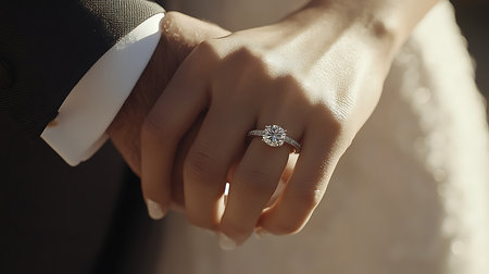 A close-up shot captures a couple's engagement moment focusing on the ring and affection.の素材