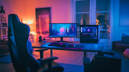 Explore a cozy gaming setup filled with vibrant colors and modern technology.の素材