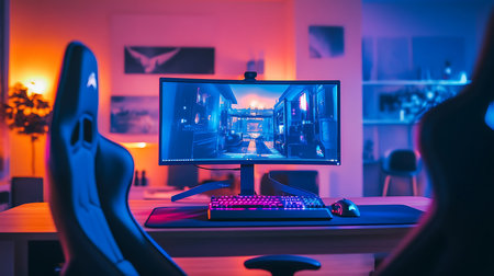 A vibrant gaming setup highlights modern technology in a cozy home office environment.の素材