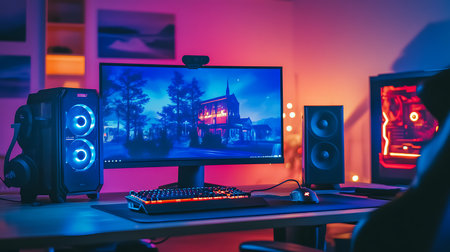 Explore a vibrant gaming setup with vivid lighting and sleek design perfect for enthusiasts.の素材