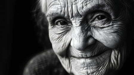 A stunning black and white close-up of an elderly woman's face capturing her wisdom and warmth.の素材