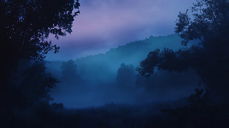 A serene landscape enveloped in fog at dusk creating a mysterious and tranquil atmosphere.の素材