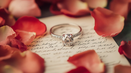 A stunning engagement ring rests on a letter amidst delicate rose petals capturing a moment of love.の素材