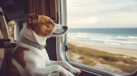 A curious dog gazes out the car window enjoying a scenic beach view during a joyful adventure.の素材