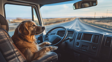 A golden retriever takes the wheel enjoying a scenic drive along a beautiful highway.の素材