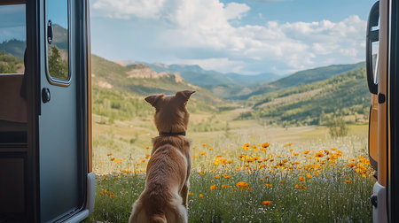 A joyful dog gazes at the expansive mountains embodying the spirit of adventure and nature's tranquility.の素材