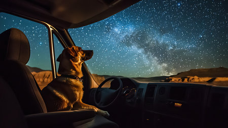 A dog enjoys a mesmerizing night under the stars from a cozy van in the desert.の素材