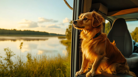 A dog gazes at a serene lake during sunset capturing the essence of outdoor adventures.の素材
