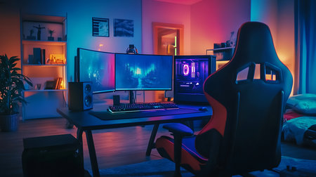 Explore a sleek gaming setup that combines style and technology in a cozy modern home office.の素材