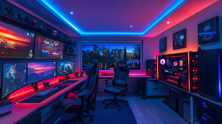 Explore a stunning gaming setup featuring vibrant lighting and modern design in an urban apartment.の素材