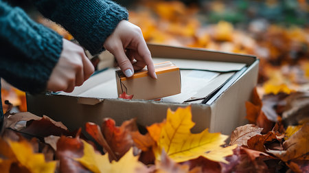 Experience the delight of unboxing a surprise package amidst vibrant autumn leaves.の素材