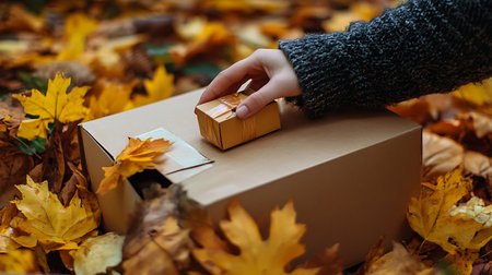 A hand places a small package on a cardboard box amidst vibrant autumn leaves.の素材