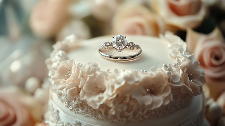 A stunning wedding cake adorned with rings representing love and celebration in a romantic atmosphere.の素材