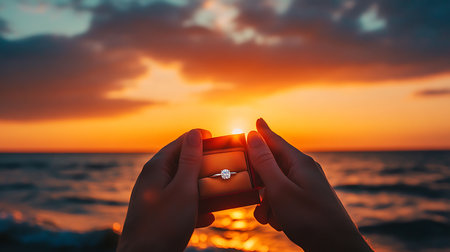 Capturing a heartfelt engagement moment as the sun sets over the ocean symbolizing love.の素材