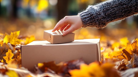 A hand gently places a package atop a box surrounded by vibrant autumn leaves symbolizing the season of giving.の素材