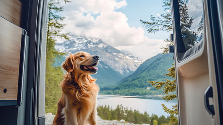 A joyful golden retriever enjoys the scenic mountain view from a cozy van.の素材